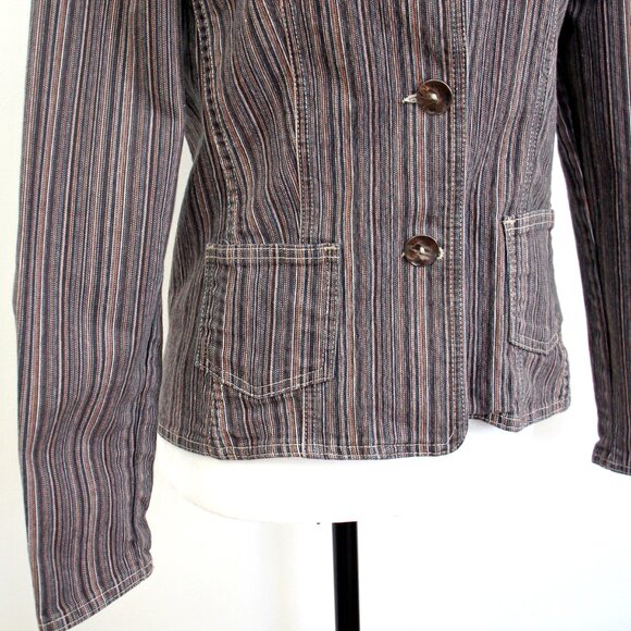 Vintage POINT ZERO Jacket Brown Grey Striped Stretch Cotton Blend Pockets Size S - Picture 5 of 11